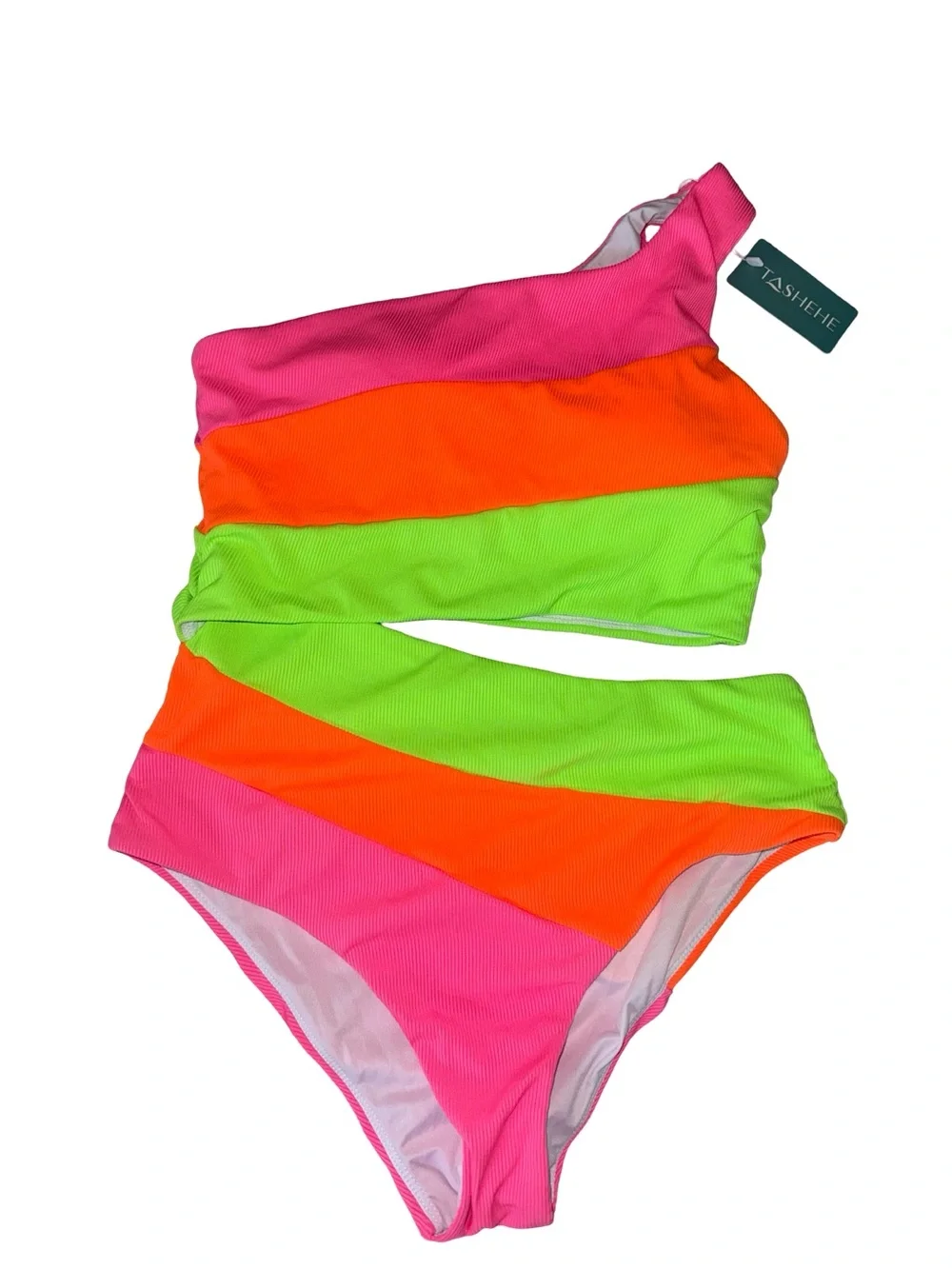SHEIN Neon Colorblock One-Shoulder Swimsuit - Pink, Orange, Lime Green